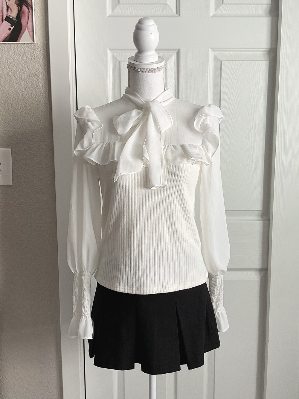 Tie-Neck White Ruffle Puff-Sleeve Blouse